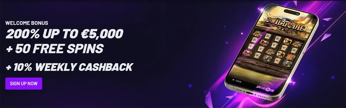 Dark purple casino promo banner advertising a welcome bonus (200% up to €5,000, 50 free spins, and 10% weekly cashback) with a ‘Sign up now’ button and an angled smartphone showing a slot game.
