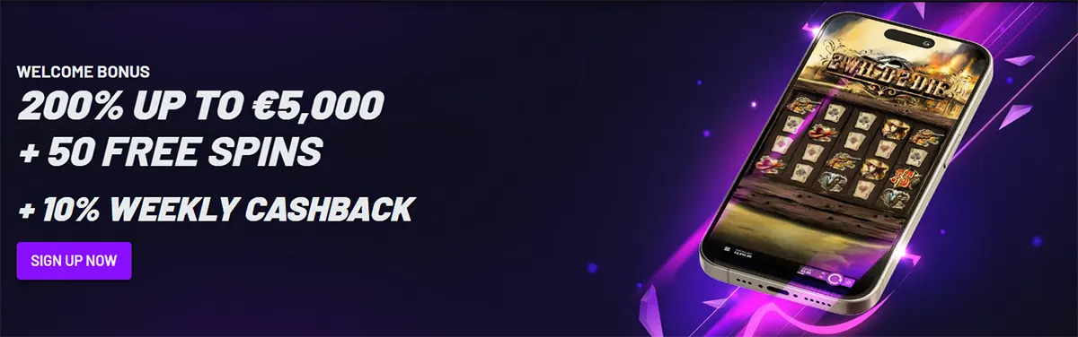 Dark purple casino promo banner advertising a welcome bonus (200% up to €5,000, 50 free spins, and 10% weekly cashback) with a ‘Sign up now’ button and an angled smartphone showing a slot game.