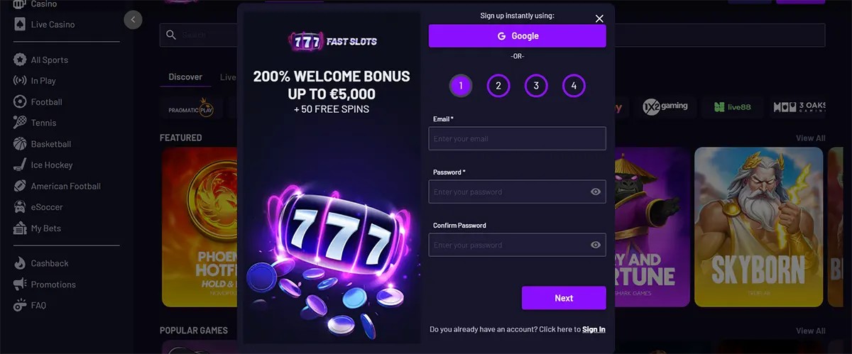 Casino site screenshot showing a ‘777 Fast Slots’ sign-up pop-up with ‘200% welcome bonus up to €5,000 + 50 free spins’, Google sign-up option, step indicators (1–4), email/password fields, and a purple ‘Next’ button over a dark game lobby.