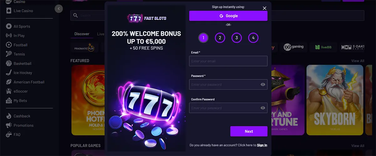 Casino site screenshot showing a ‘777 Fast Slots’ sign-up pop-up with ‘200% welcome bonus up to €5,000 + 50 free spins’, Google sign-up option, step indicators (1–4), email/password fields, and a purple ‘Next’ button over a dark game lobby.